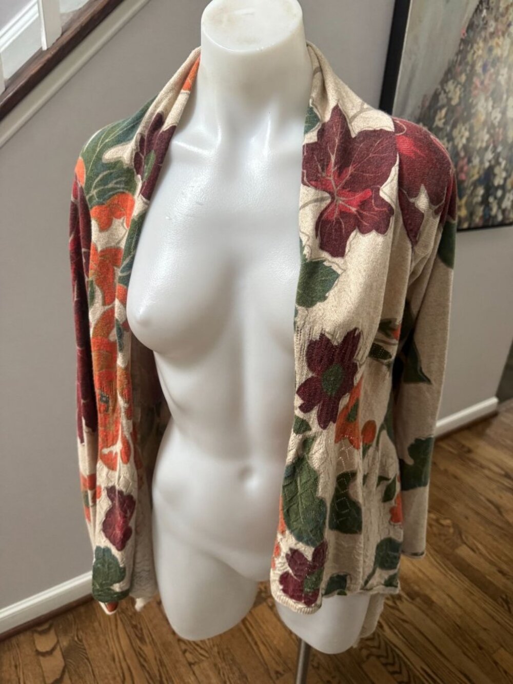 Tabitha for Anthropologie Open Front Floral Waterfall Cardigan Wool Cotton Small